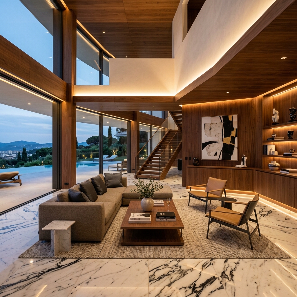 Luxury interior design featuring Italian marble and recessed light
