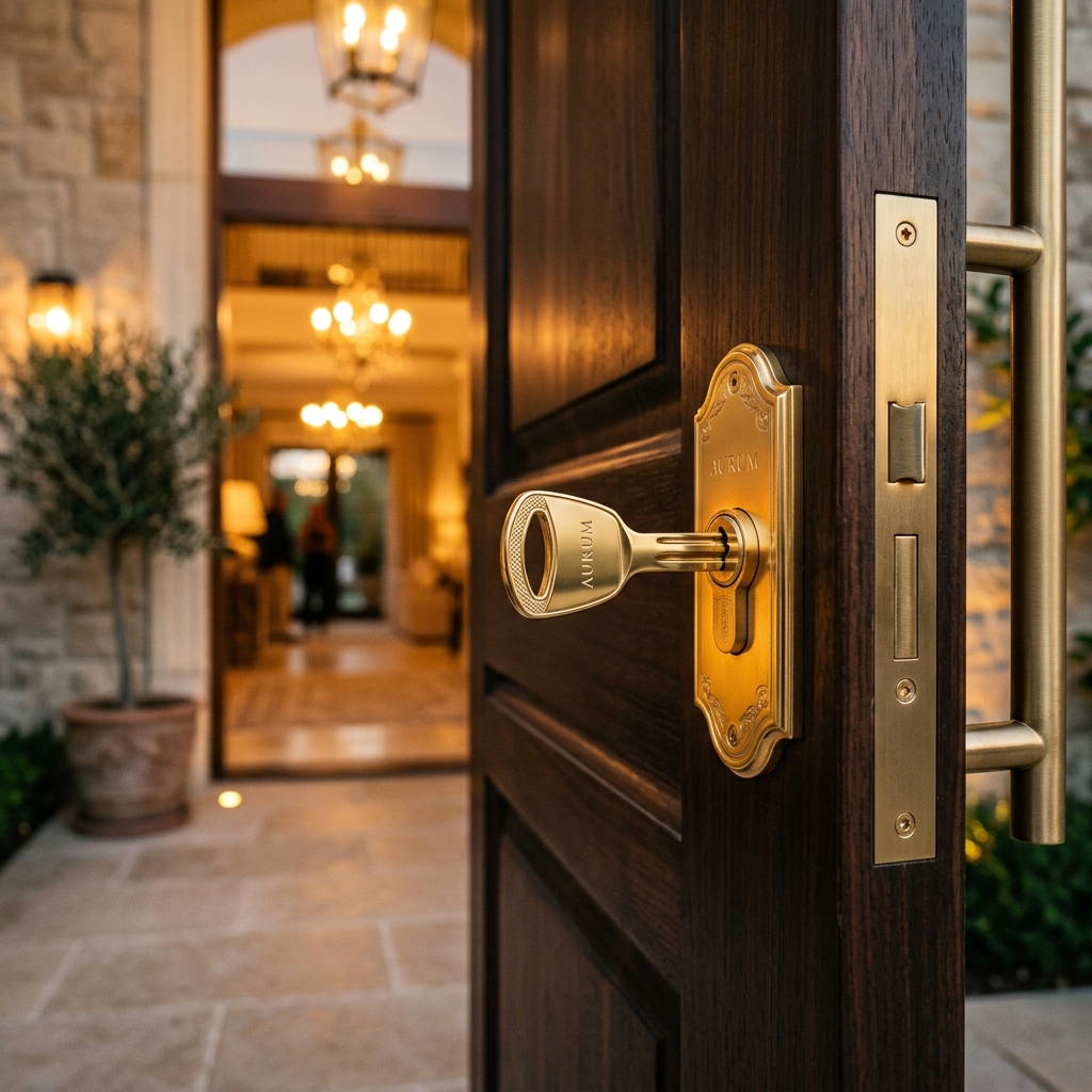 Sleek golden modern key turning lock of grand villa entrance door