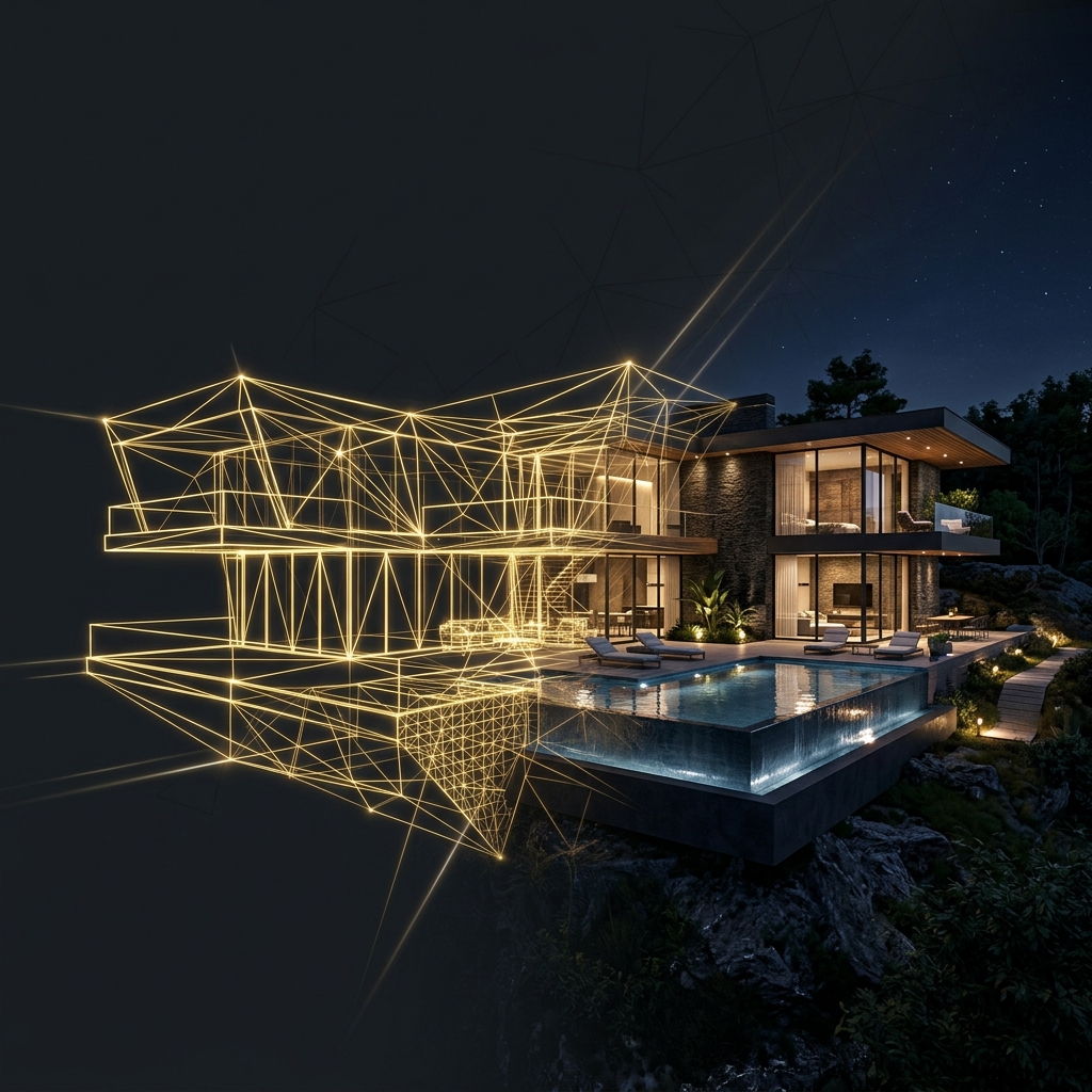 Futuristic digital wireframe mesh villa transitioning to render