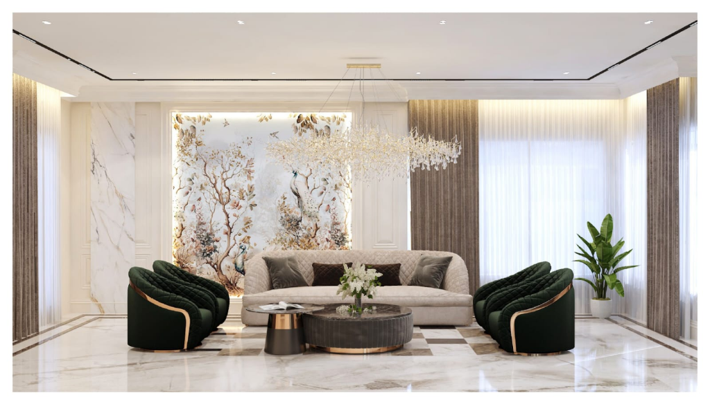 Luxe Living Area with deep green accent armchairs and golden chandelier