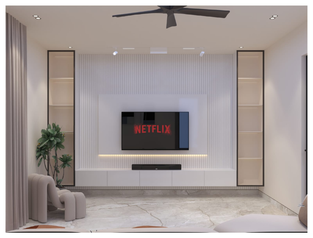 Contemporary TV Unit with fluted backing panel, floating console drawer, and led backlight