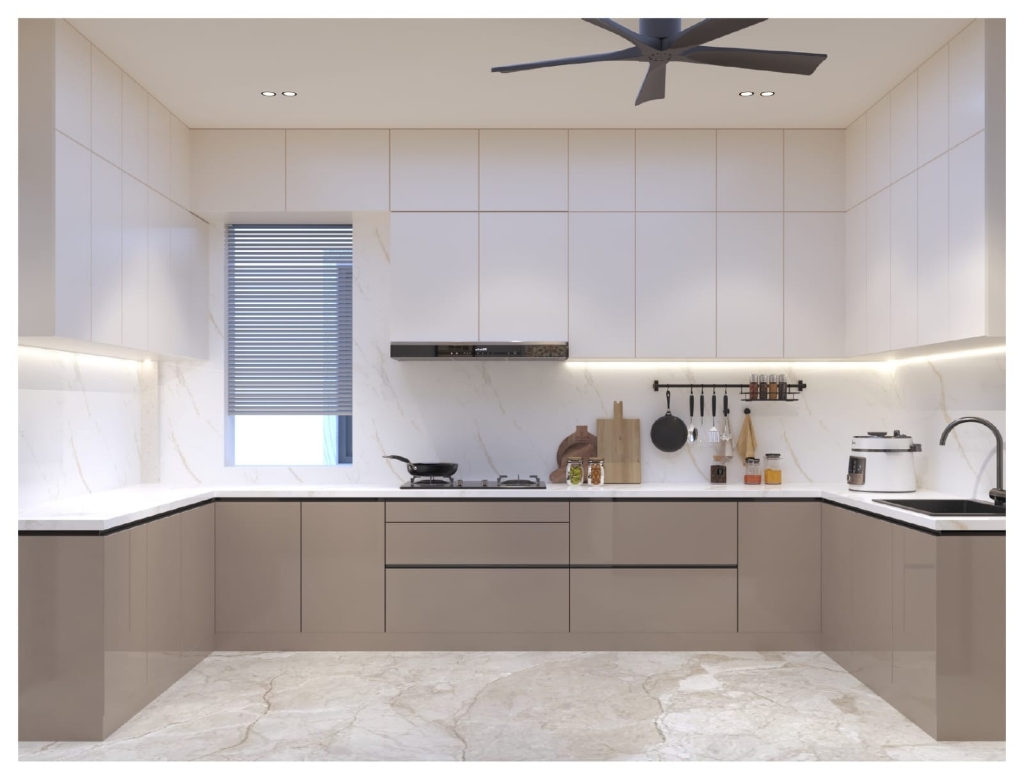 Elite kitchen suite with beige modular cabinetry, integrated kitchen hob, and premium marble layout