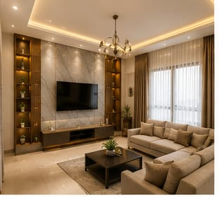 Warm contemporary lounge featuring a bespoke marble-texture TV wall panel, glowing LED accents, open wood shelving with items, and a comfortable sand-toned L-shaped sectional couch