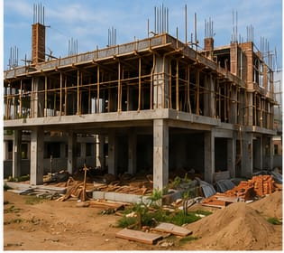 Premium multi-storey residential structural frame under active construction, demonstrating precise concrete pouring, slab layout, robust columns, and wooden safety scaffolding