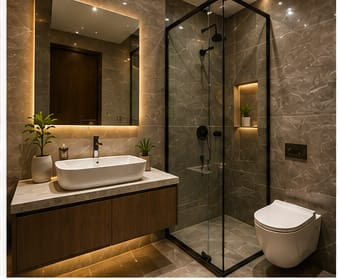 High-end modern spa bathroom design displaying full-body marble tiling, floating wooden vanity cabinet, illuminated mirror frame, and walk-in glass shower enclosure