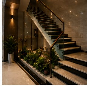 A grand modern staircase displaying floating steps, clean glass panel railings, warm directional spotlighting, and integrated green plant beds beneath the main landing structure