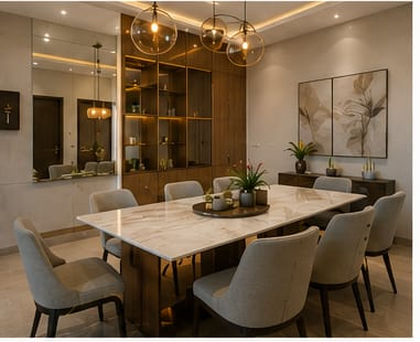 Sophisticated contemporary dining area containing a white polished marble table, six upholstered gray designer armchairs, built-in wooden display cabinetry, and elegant glass globes