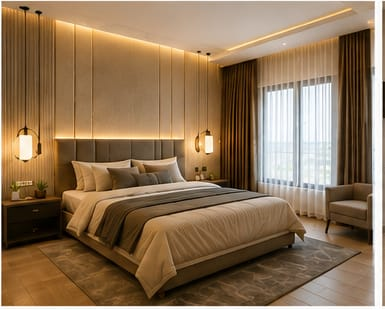 Modern master bedroom with warm cove lighting behind the bed headboard, a large double bed, a grey carpet, wood flooring, and modern hanging pendant lights