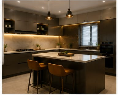 Sleek dark modular kitchen design with a white marble top island, two brown leather bar stools, glowing under-cabinet led lighting, and modern pendant lights