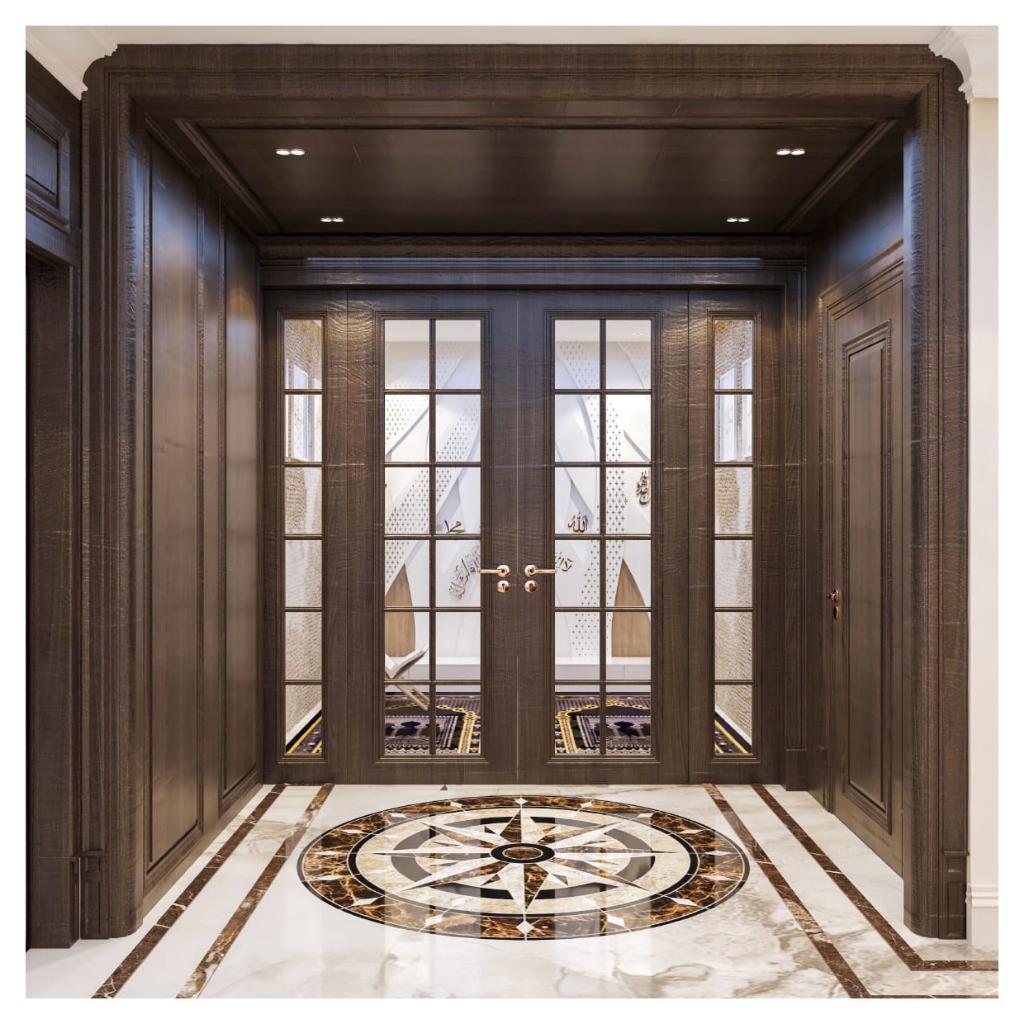 Grand Entrance Vestibule with custom wood panelling and marble floor compass inlay