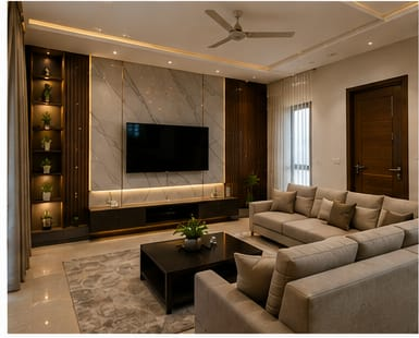 Elegant living room displaying a marble-texture TV wall panel, open shelving with decorative items, L-shaped beige couch, and a designer wooden door