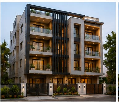 High-end multi-storey residential apartment building elevation at dusk, showing glowing warm balcony lights, vertical structural slats, and front gating