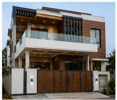 Contemporary three-storey villa featuring wood-texture cladding, white concrete cantilevers, glass railings, and a wooden sliding gate