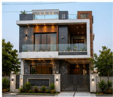 Modern luxury villa facade with dark stone tile cladding, wood accents, illuminated balconies with glass railings, and a dark metal sliding gate