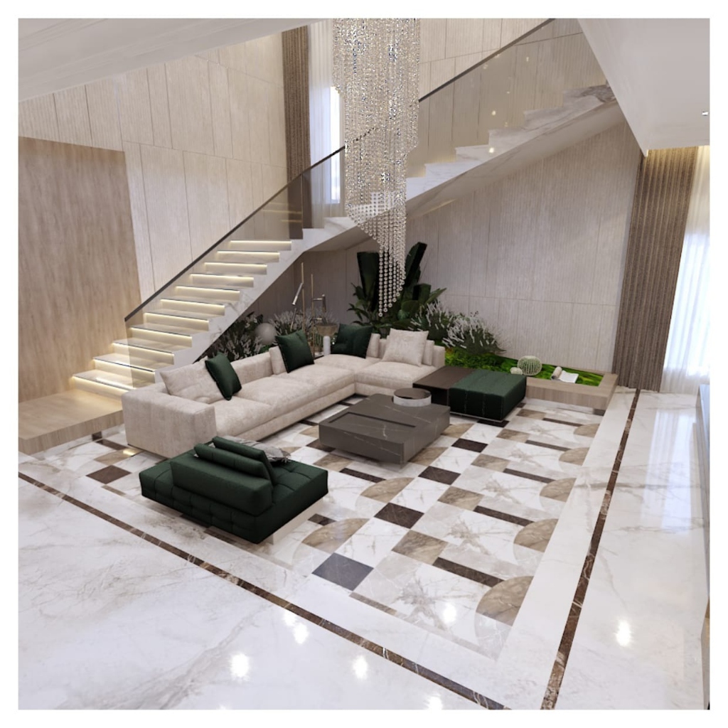 Staircase Atrium featuring modern spiral stairs, luxury sectional sofa, and cascading crystal chandelier