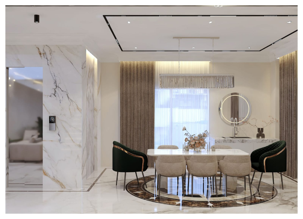Bespoke Dining Suite with gold accents, designer lighting, and custom marble feature wall