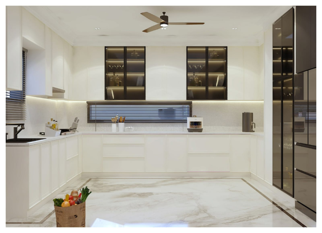 Elite Gourmet Kitchen with modern white modular cabinets, dark glass display cases, and marble flooring