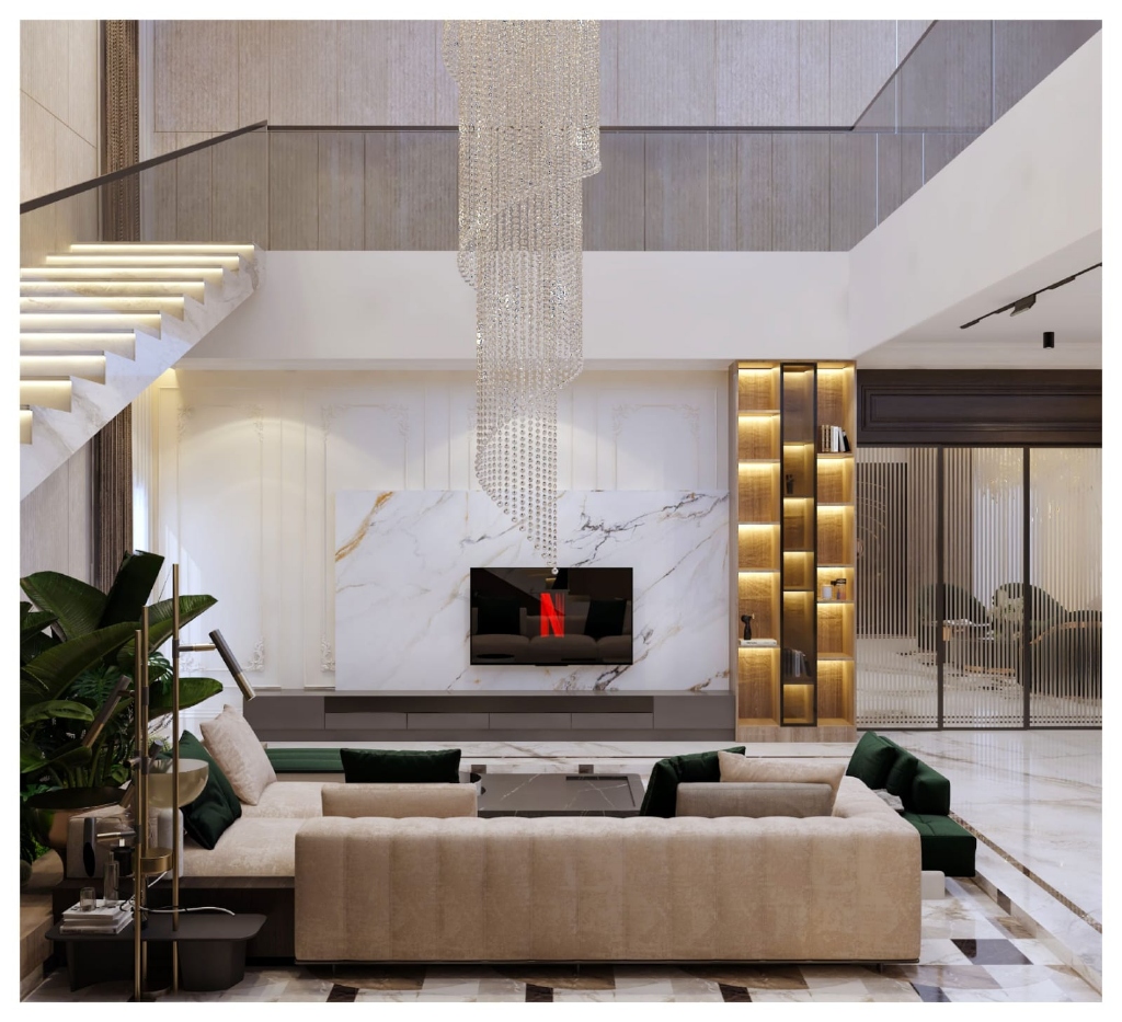 Premium Lounge featuring high ceilings, gold accents, bookmatch marble, and velvet seating
