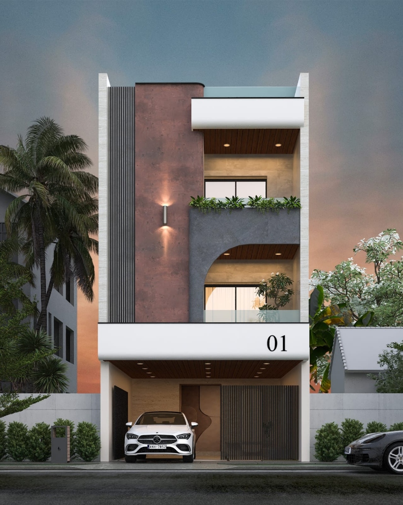 Modern Villa Elevation featuring triple storeys, warm linear lighting, and a gated carport