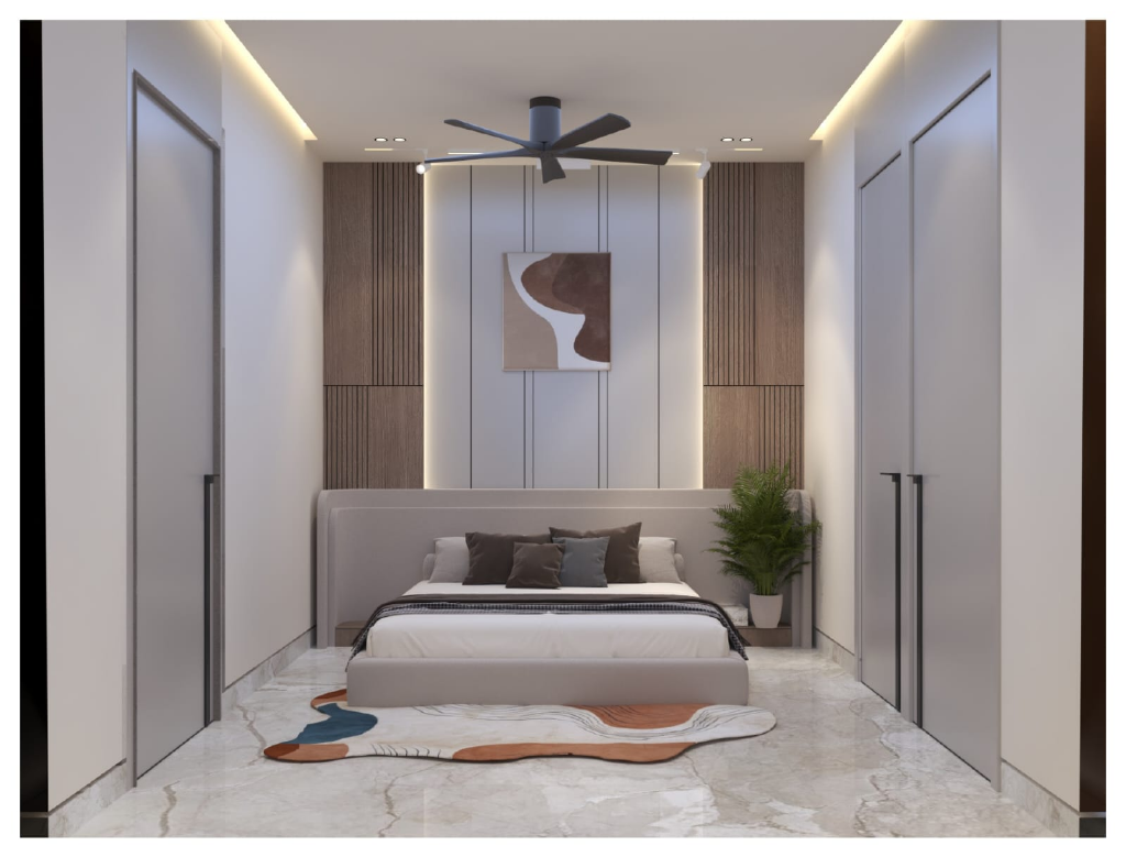 Contemporary Master Bedroom with linear wall panels, backlighting, and minimal layout