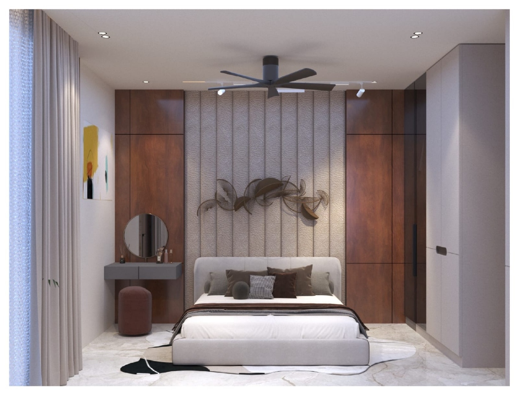 Minimalist Bedroom with fluted wood panel, vanity desk, and designer mirror